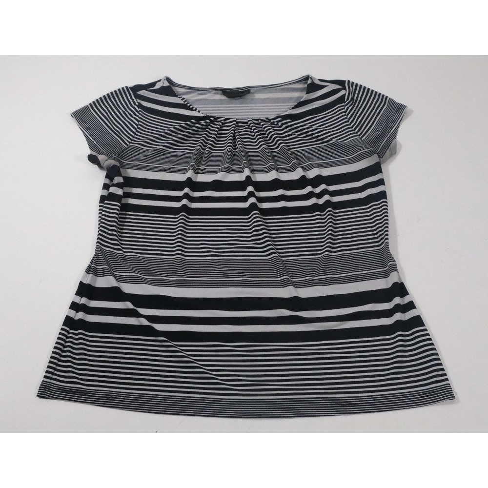 Worthington Top Womens PL Black Striped Pleated Scoop Neck Cap Sleeve Blouse